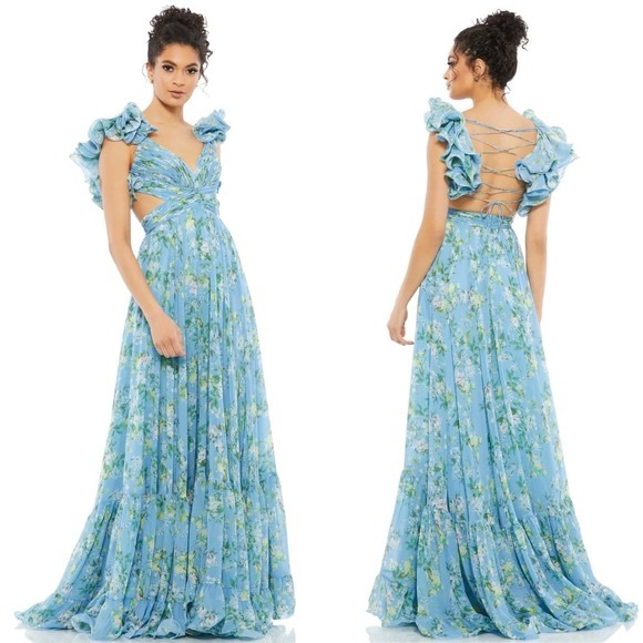 Mac Duggal Ruffle Tiered Floral Cut Out Chiffon Gown Blue Multi 67803 Size 2